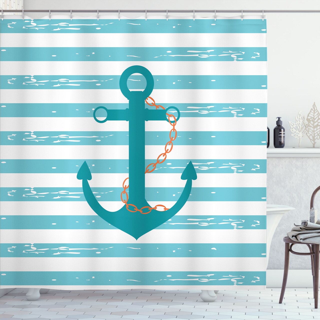 Ambesonne Teal Shower Curtain, Ship Anchor Chain Marine Life Inspired with Lines Background Ocean Sailing, Cloth Fabric Bathroom Decor Set with Hooks, 69" W x 70" L, Turquoise White